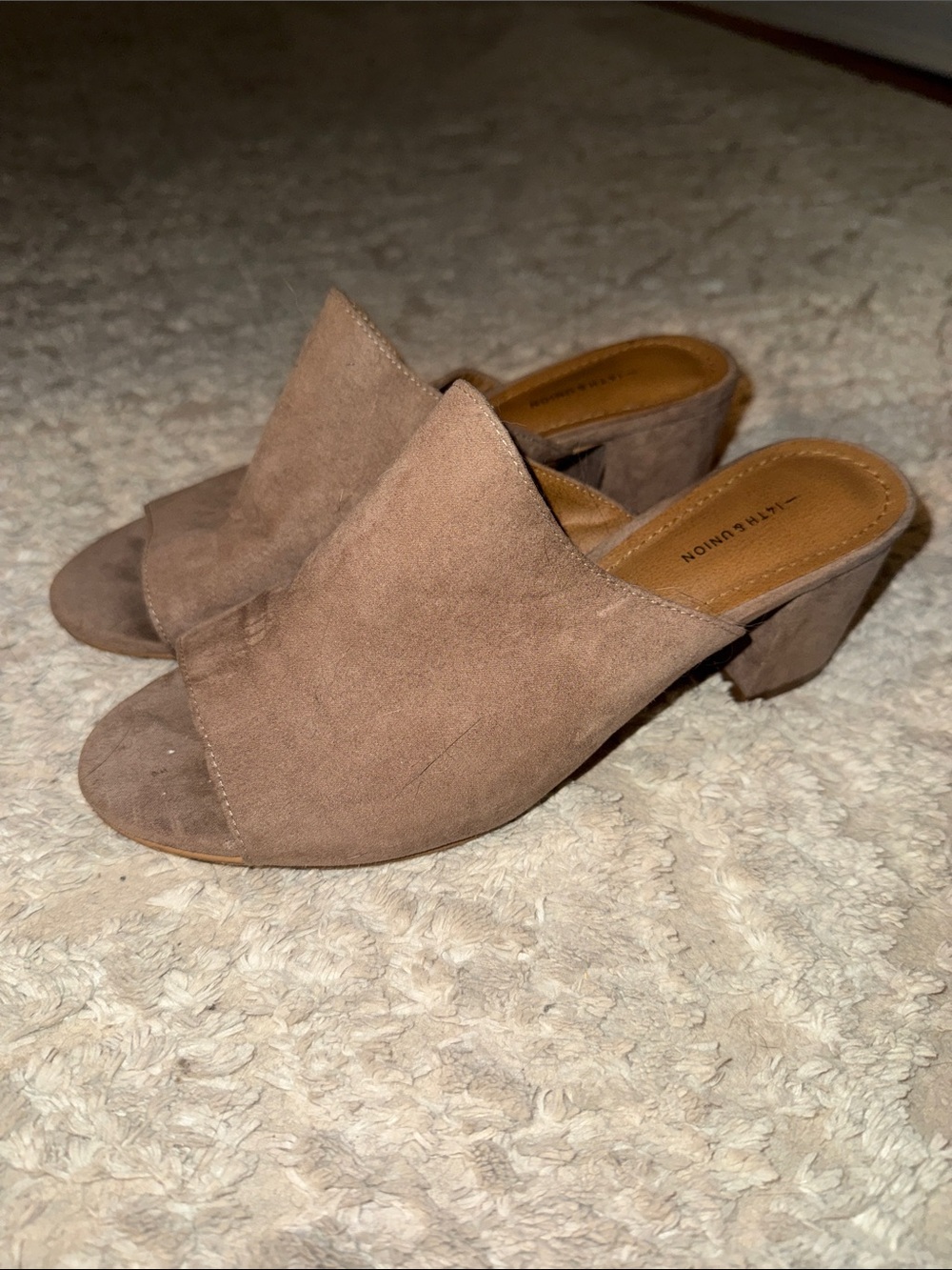 14th & Union Taupe Suede Open-Toe Block Heel Mules